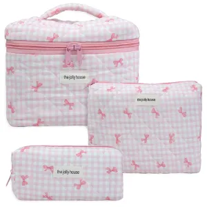 3 Pcs Makeup Bag Set, Quilted Makeup Bags Set, Cute Cotton Makeup Pouch, Polka Dot Makeup Bag, Plaid Bow Cosmetic Bag, Large Travel Cosmetic Bag for Women (A)