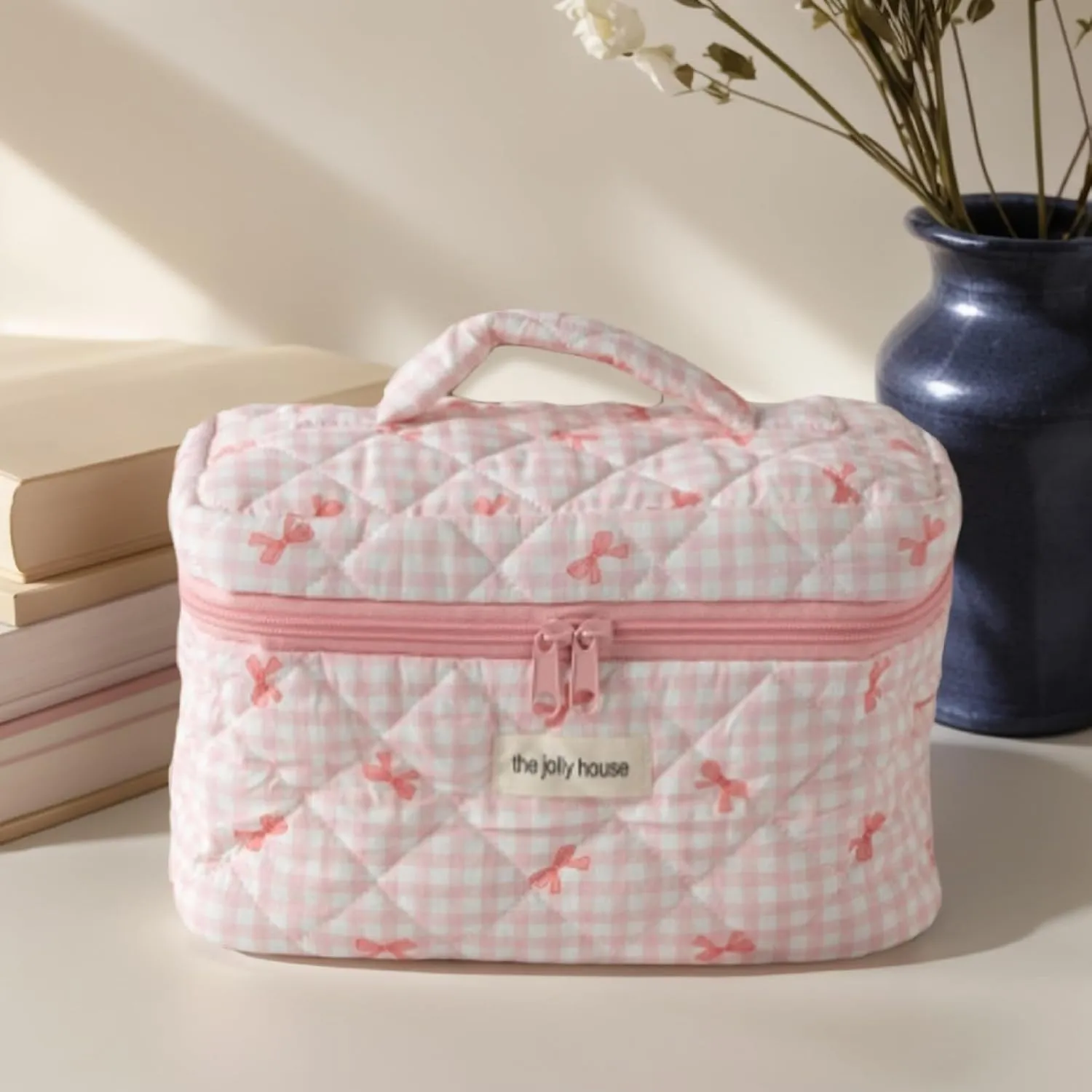 3 Pcs Makeup Bag Set, Quilted Makeup Bags Set, Cute Cotton Makeup Pouch, Polka Dot Makeup Bag, Plaid Bow Cosmetic Bag, Large Travel Cosmetic Bag for Women (A)
