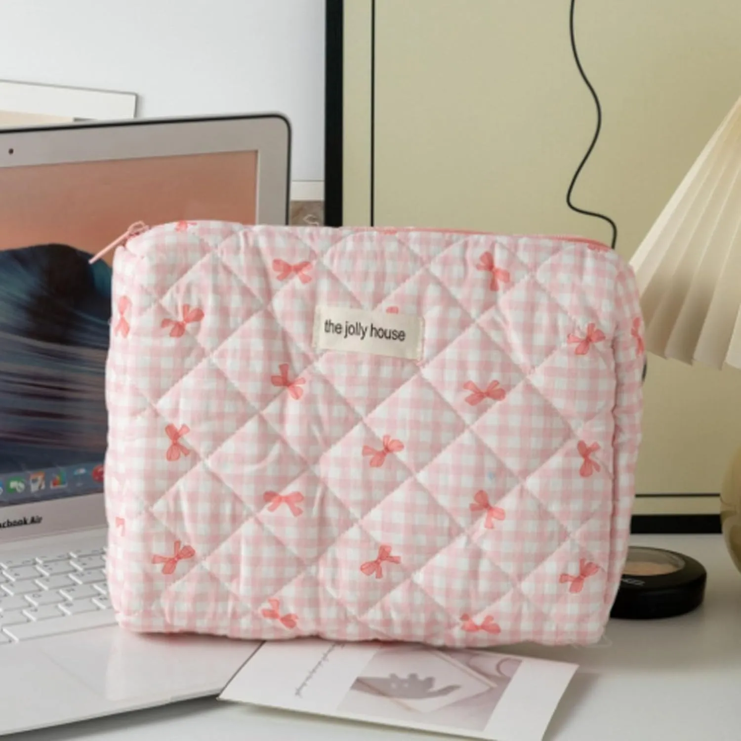 3 Pcs Makeup Bag Set, Quilted Makeup Bags Set, Cute Cotton Makeup Pouch, Polka Dot Makeup Bag, Plaid Bow Cosmetic Bag, Large Travel Cosmetic Bag for Women (A)
