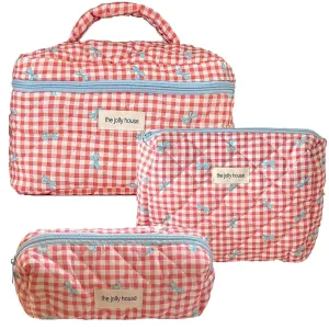 3 Pcs Makeup Bag Set, Quilted Makeup Bags Set, Cute Cotton Makeup Pouch, Polka Dot Makeup Bag, Plaid Bow Cosmetic Bag, Large Travel Cosmetic Bag for Women (B)