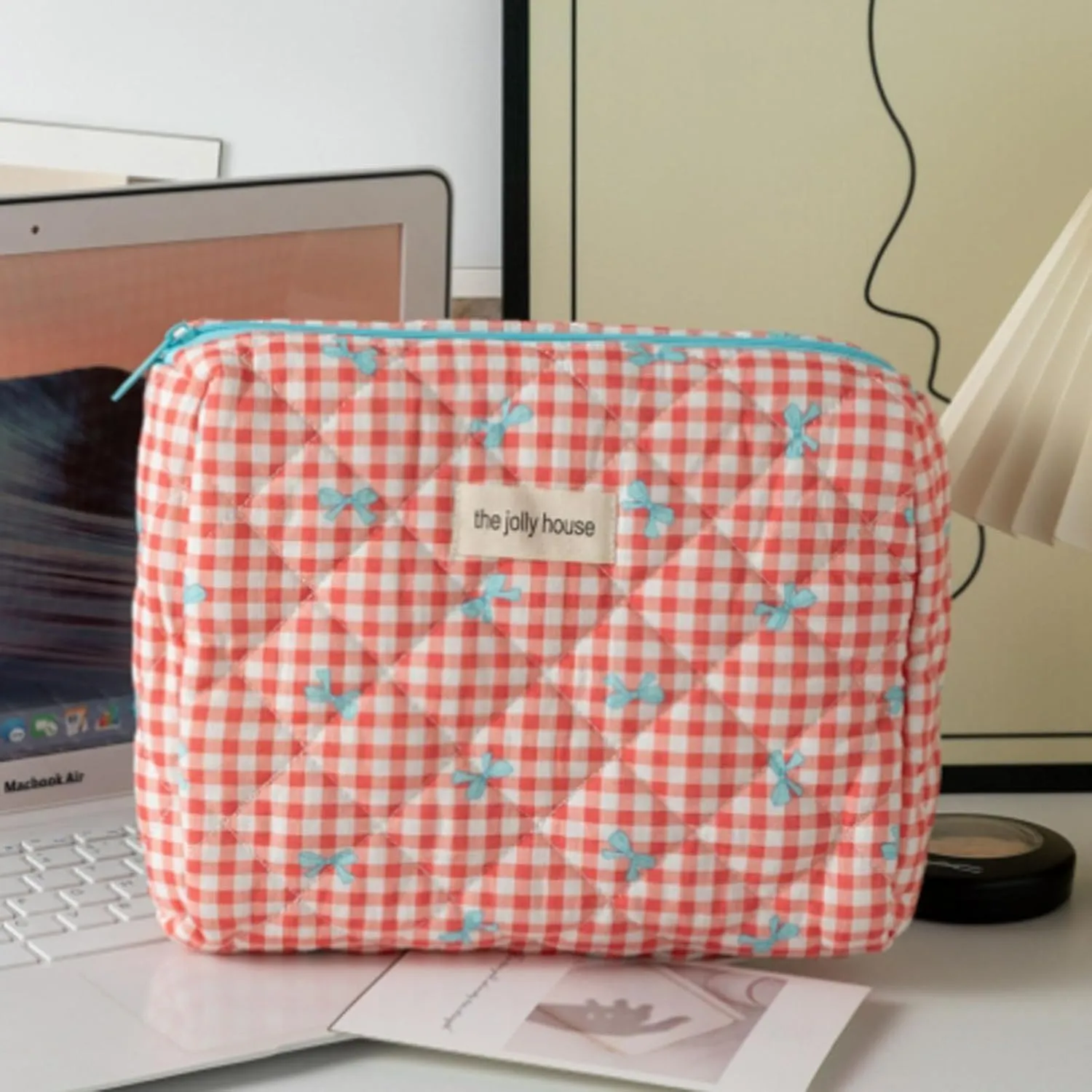 3 Pcs Makeup Bag Set, Quilted Makeup Bags Set, Cute Cotton Makeup Pouch, Polka Dot Makeup Bag, Plaid Bow Cosmetic Bag, Large Travel Cosmetic Bag for Women (B)