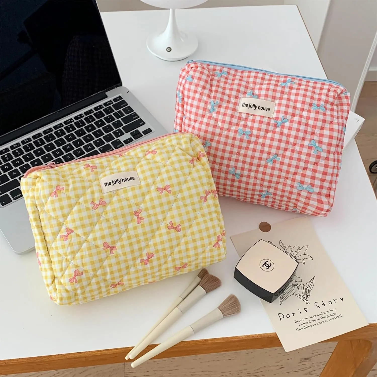 3 Pcs Makeup Bag Set, Quilted Makeup Bags Set, Cute Cotton Makeup Pouch, Polka Dot Makeup Bag, Plaid Bow Cosmetic Bag, Large Travel Cosmetic Bag for Women (B)