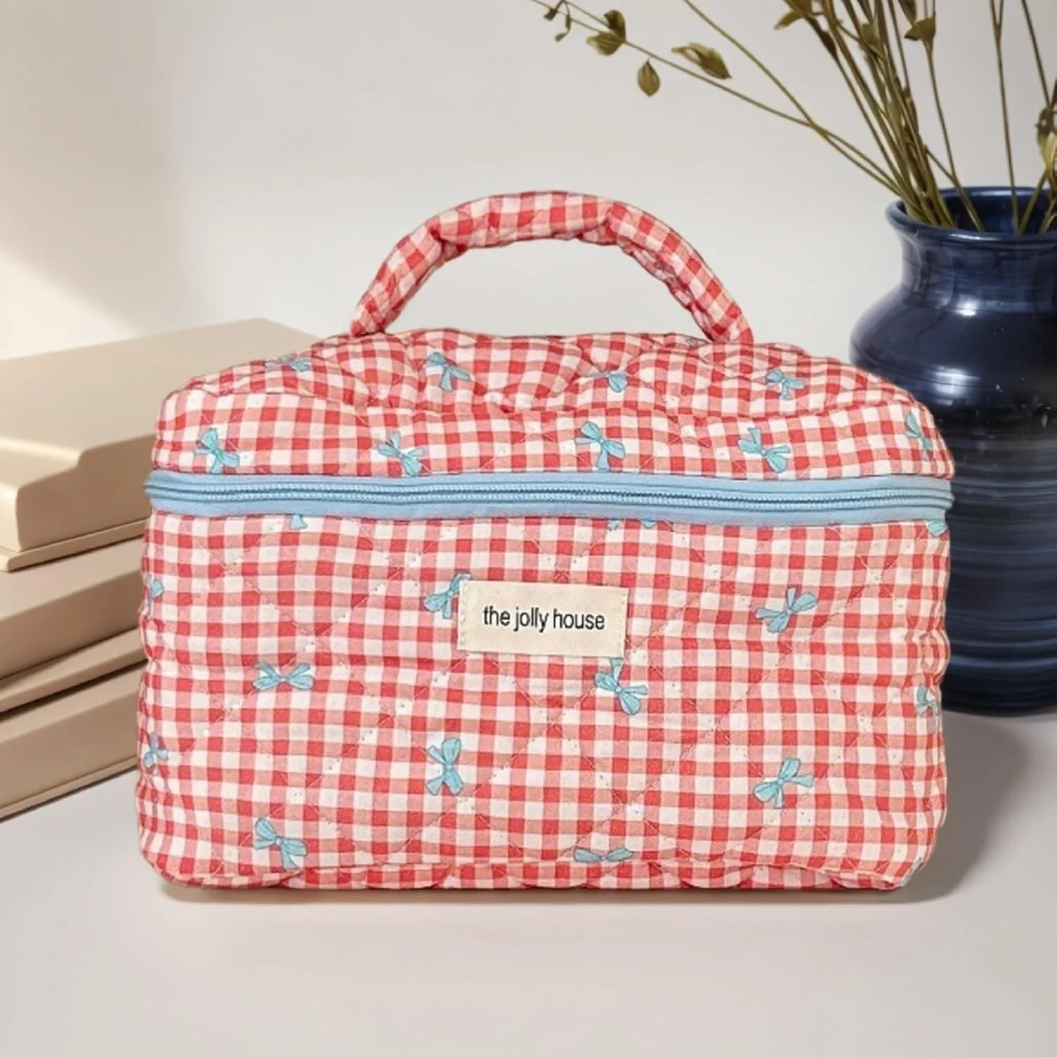 3 Pcs Makeup Bag Set, Quilted Makeup Bags Set, Cute Cotton Makeup Pouch, Polka Dot Makeup Bag, Plaid Bow Cosmetic Bag, Large Travel Cosmetic Bag for Women (B)