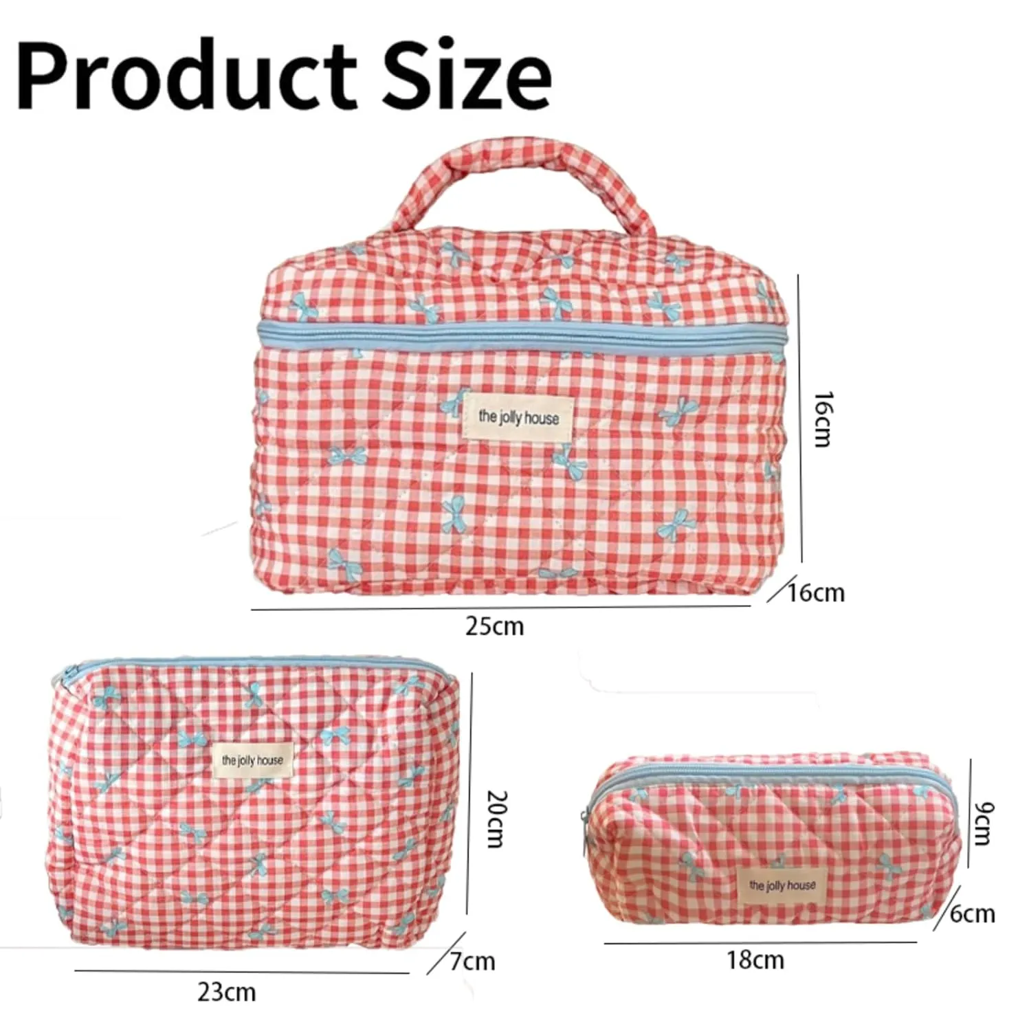 3 Pcs Makeup Bag Set, Quilted Makeup Bags Set, Cute Cotton Makeup Pouch, Polka Dot Makeup Bag, Plaid Bow Cosmetic Bag, Large Travel Cosmetic Bag for Women (B)