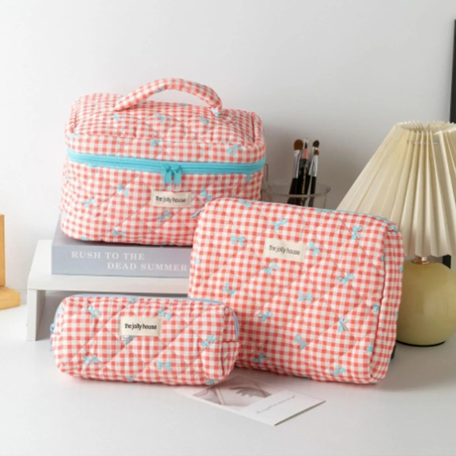 3 Pcs Makeup Bag Set, Quilted Makeup Bags Set, Cute Cotton Makeup Pouch, Polka Dot Makeup Bag, Plaid Bow Cosmetic Bag, Large Travel Cosmetic Bag for Women (B)