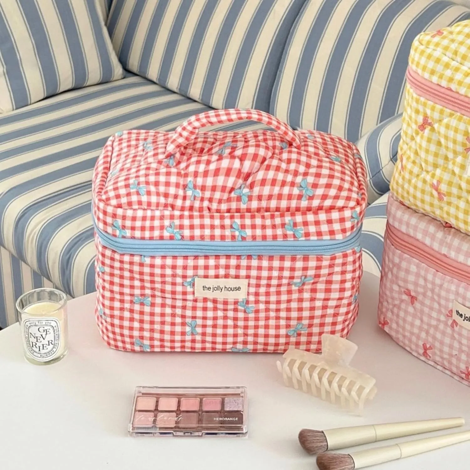 3 Pcs Makeup Bag Set, Quilted Makeup Bags Set, Cute Cotton Makeup Pouch, Polka Dot Makeup Bag, Plaid Bow Cosmetic Bag, Large Travel Cosmetic Bag for Women (B)