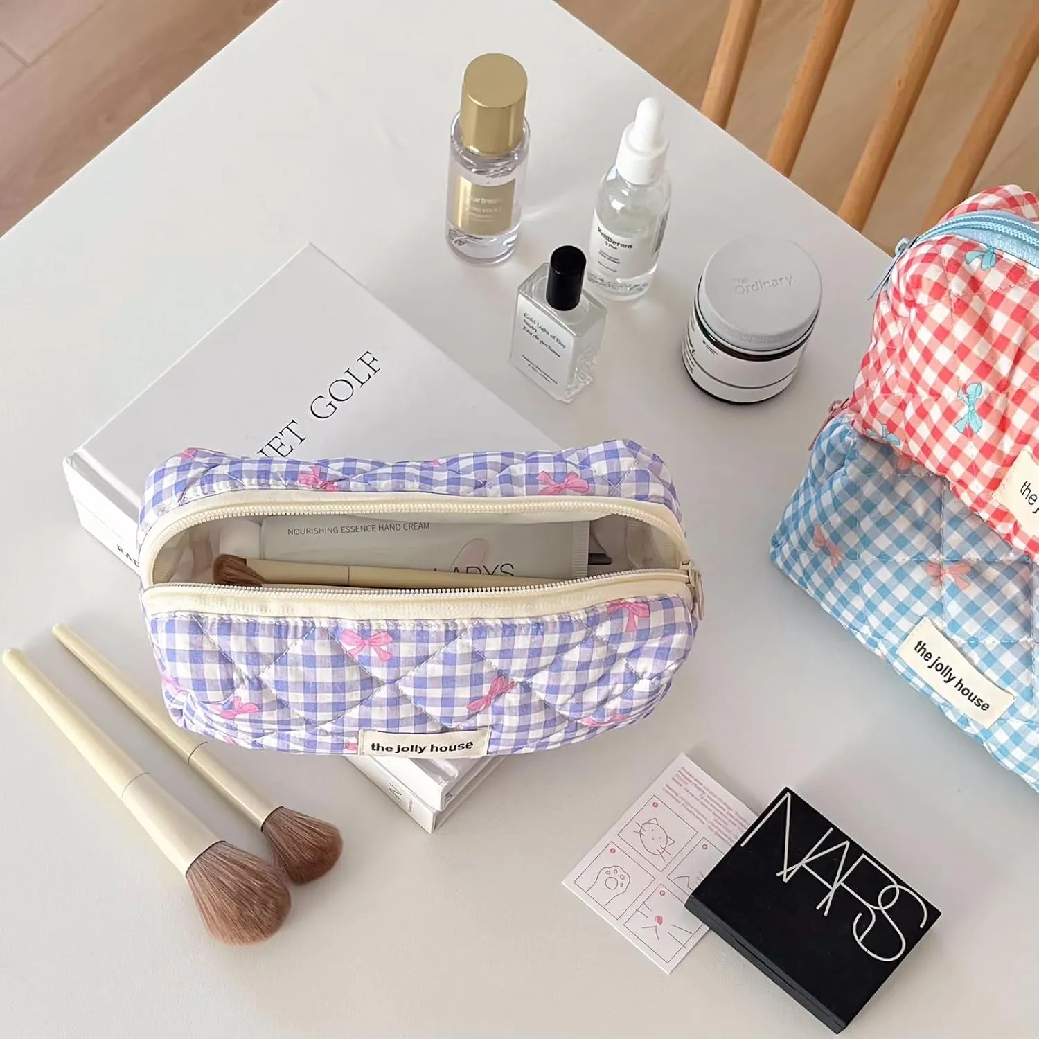 3 Pcs Makeup Bag Set, Quilted Makeup Bags Set, Cute Cotton Makeup Pouch, Polka Dot Makeup Bag, Plaid Bow Cosmetic Bag, Large Travel Cosmetic Bag for Women (D)