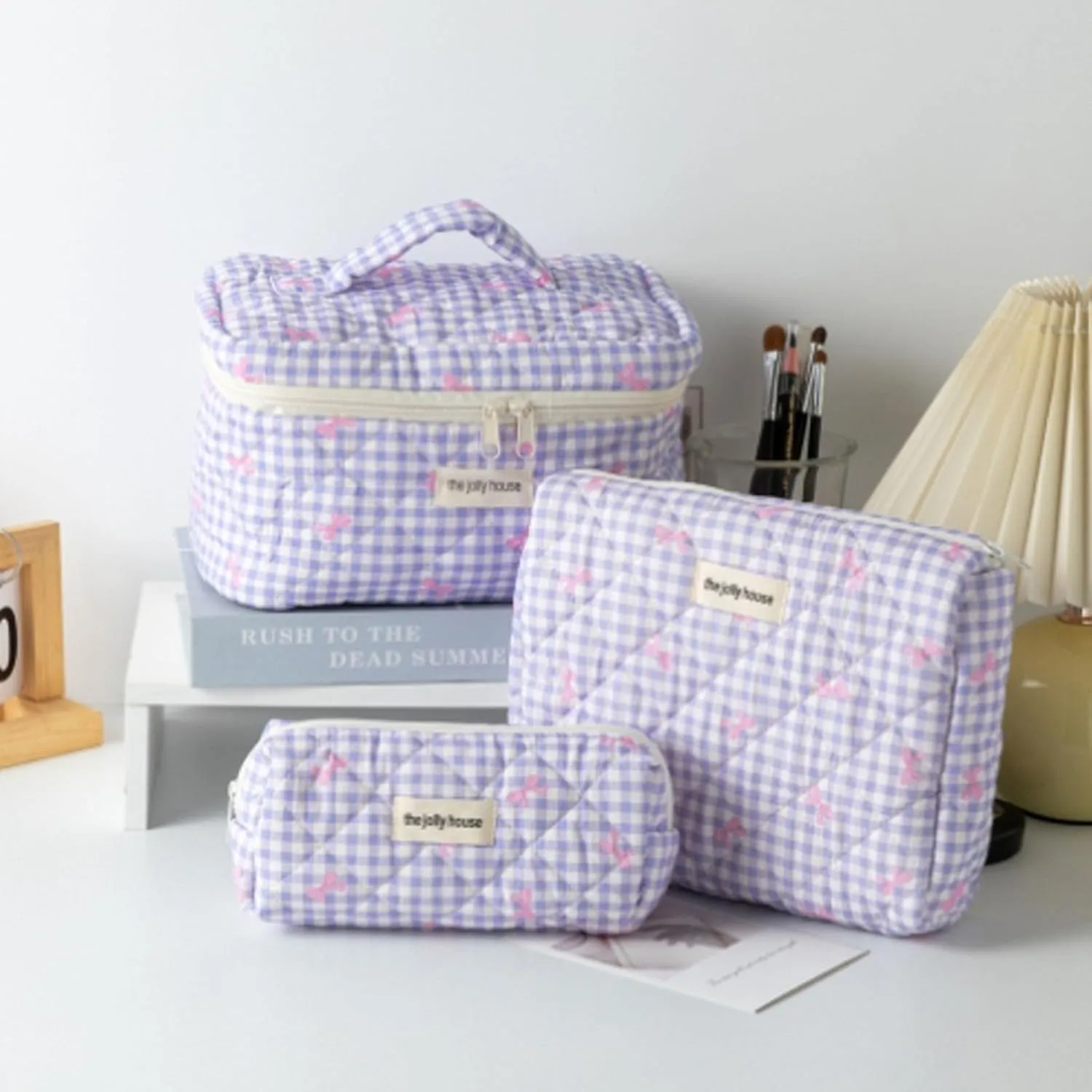 3 Pcs Makeup Bag Set, Quilted Makeup Bags Set, Cute Cotton Makeup Pouch, Polka Dot Makeup Bag, Plaid Bow Cosmetic Bag, Large Travel Cosmetic Bag for Women (D)