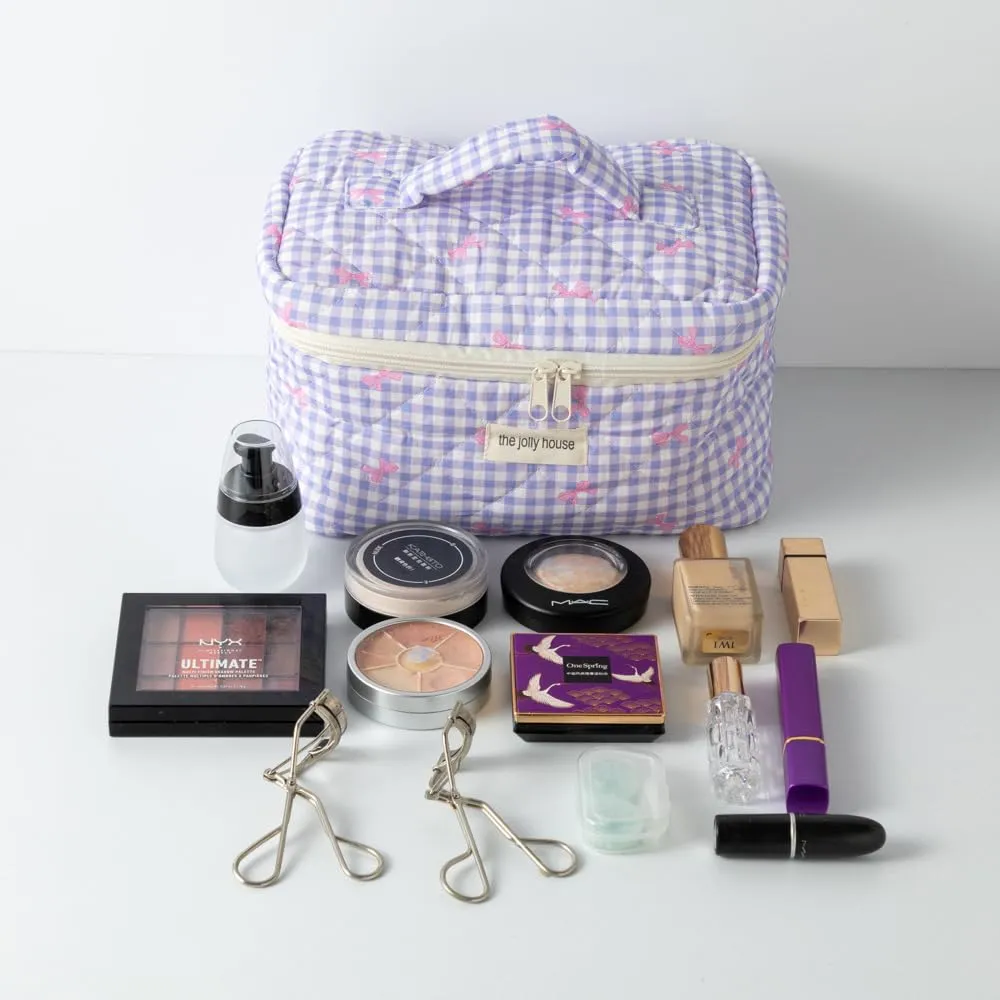 3 Pcs Makeup Bag Set, Quilted Makeup Bags Set, Cute Cotton Makeup Pouch, Polka Dot Makeup Bag, Plaid Bow Cosmetic Bag, Large Travel Cosmetic Bag for Women (D)