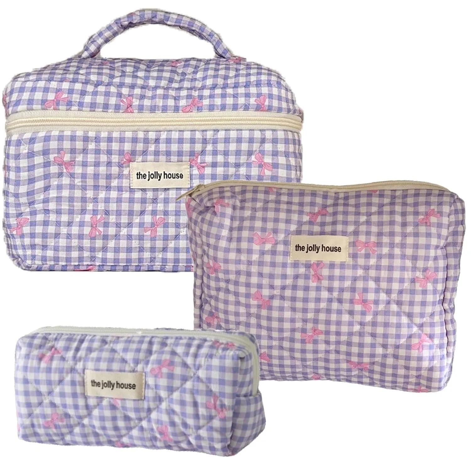 3 Pcs Makeup Bag Set, Quilted Makeup Bags Set, Cute Cotton Makeup Pouch, Polka Dot Makeup Bag, Plaid Bow Cosmetic Bag, Large Travel Cosmetic Bag for Women (D)