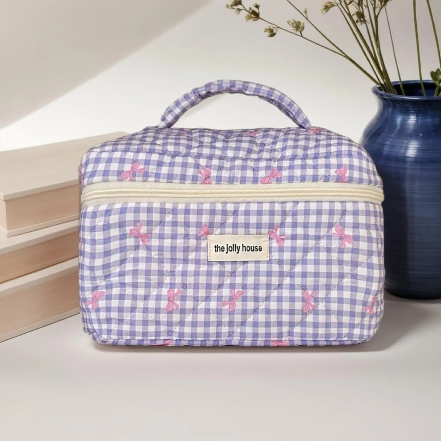 3 Pcs Makeup Bag Set, Quilted Makeup Bags Set, Cute Cotton Makeup Pouch, Polka Dot Makeup Bag, Plaid Bow Cosmetic Bag, Large Travel Cosmetic Bag for Women (D)