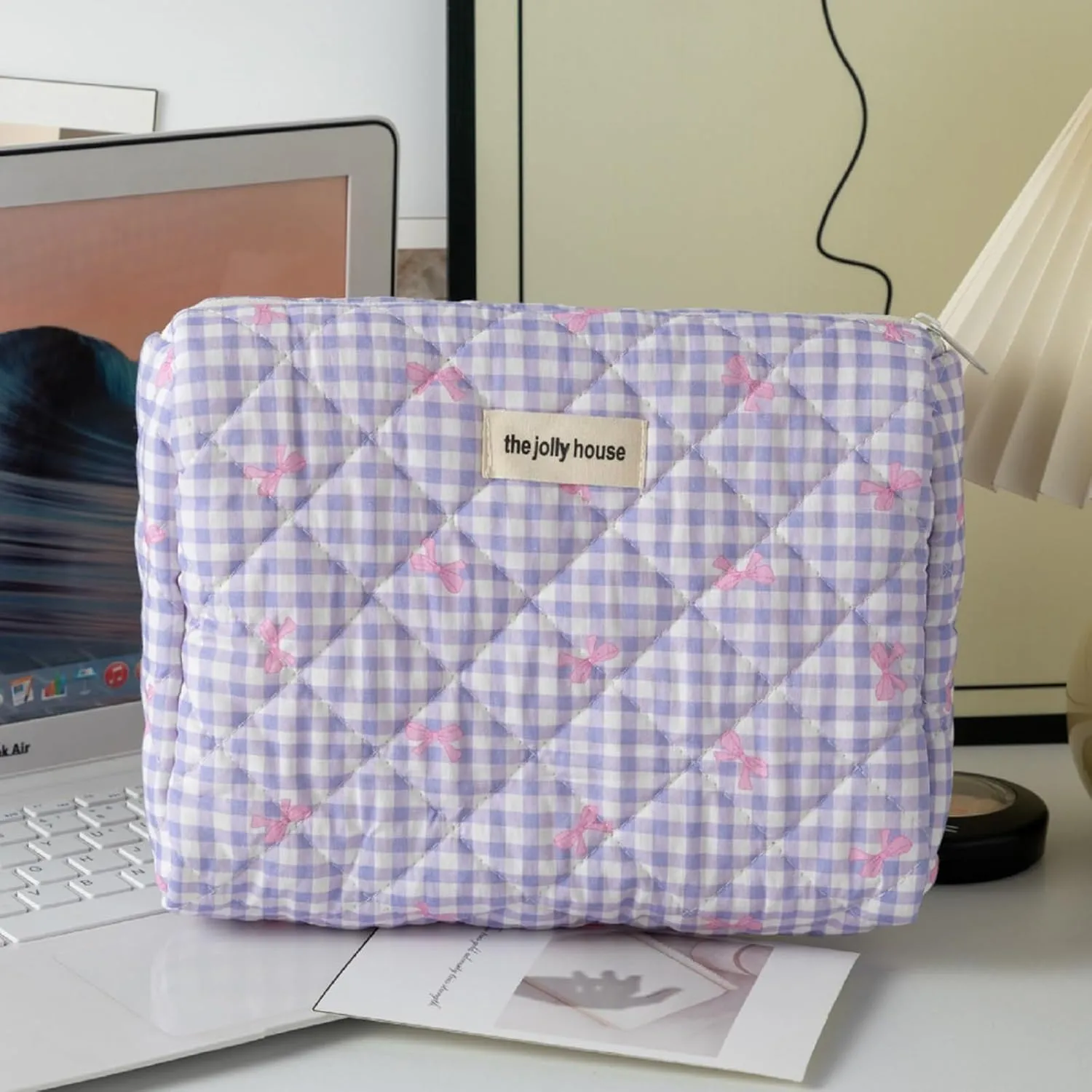 3 Pcs Makeup Bag Set, Quilted Makeup Bags Set, Cute Cotton Makeup Pouch, Polka Dot Makeup Bag, Plaid Bow Cosmetic Bag, Large Travel Cosmetic Bag for Women (D)