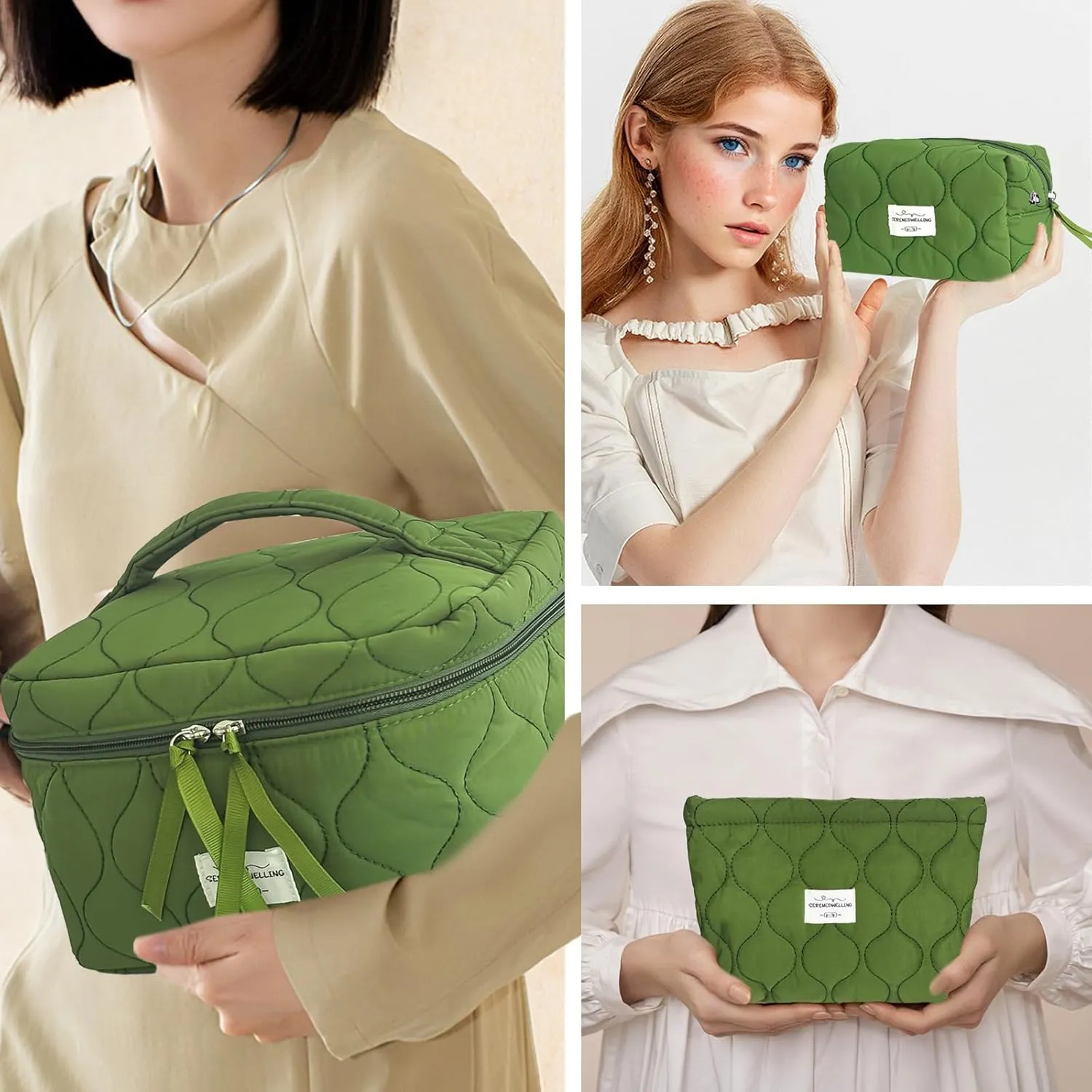 3 PCS Quilted Makeup Bag Set Coquette Cosmetic Bag Toiletry Travel Organizer, Small Medium Large, Cute Portable Puffy for Women Girls, Green