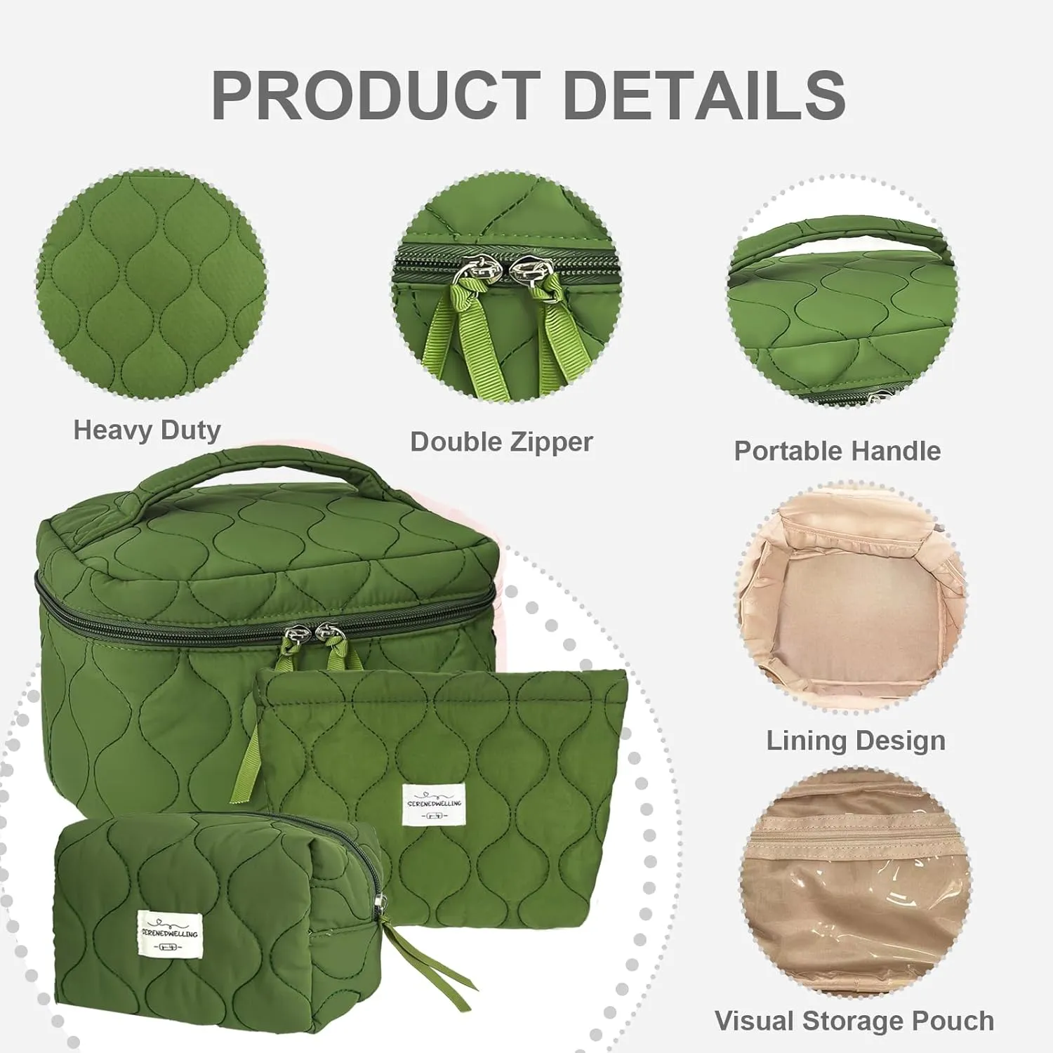 3 PCS Quilted Makeup Bag Set Coquette Cosmetic Bag Toiletry Travel Organizer, Small Medium Large, Cute Portable Puffy for Women Girls, Green