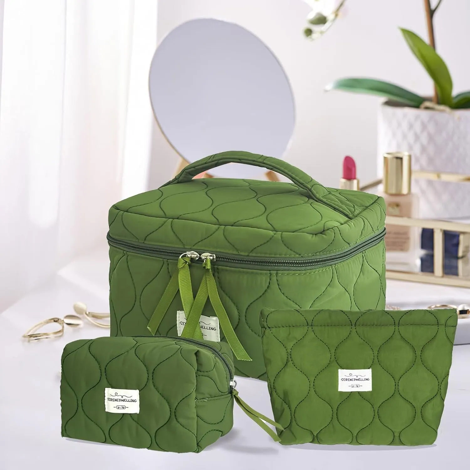 3 PCS Quilted Makeup Bag Set Coquette Cosmetic Bag Toiletry Travel Organizer, Small Medium Large, Cute Portable Puffy for Women Girls, Green