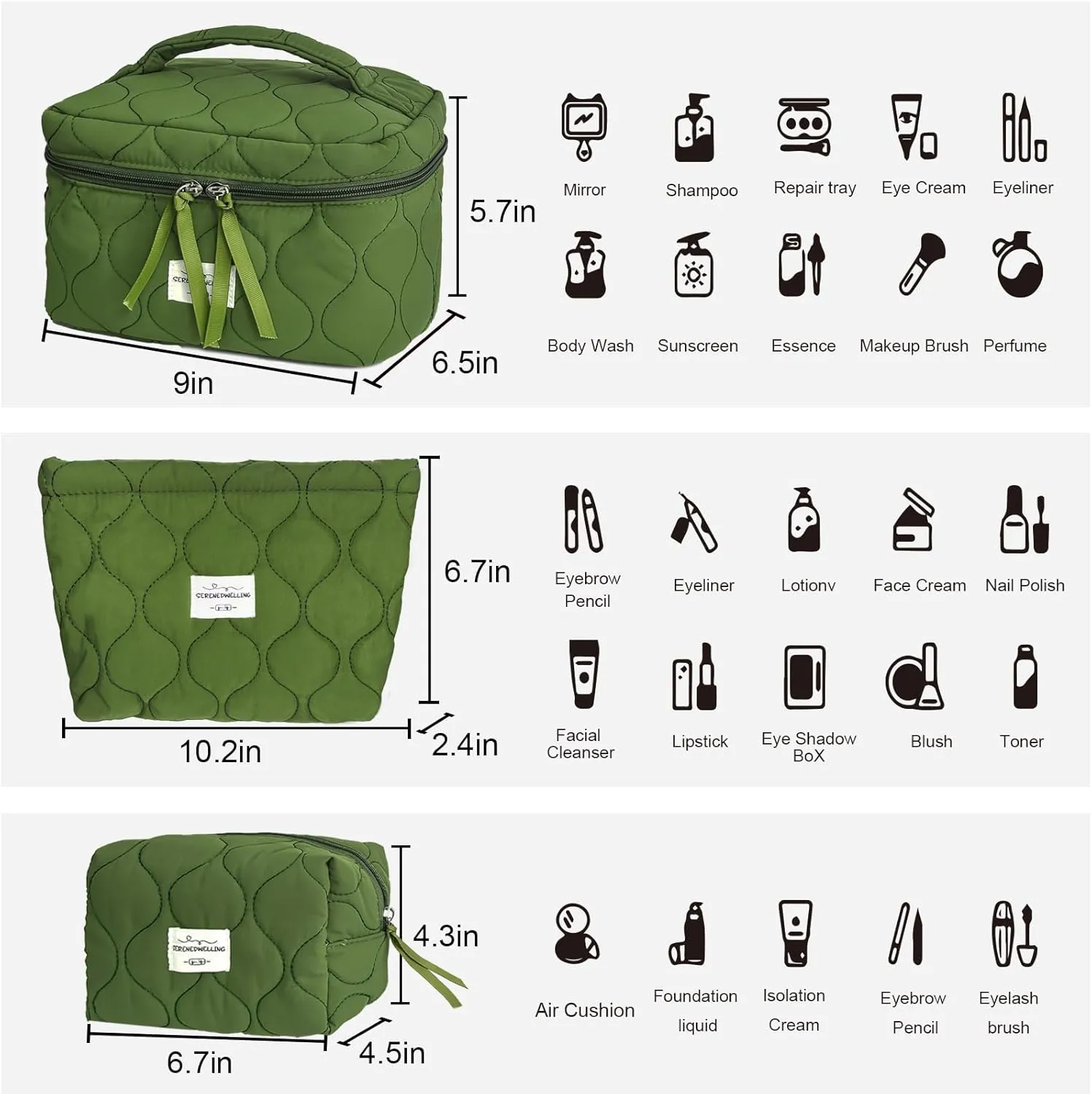 3 PCS Quilted Makeup Bag Set Coquette Cosmetic Bag Toiletry Travel Organizer, Small Medium Large, Cute Portable Puffy for Women Girls, Green