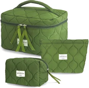 3 PCS Quilted Makeup Bag Set Coquette Cosmetic Bag Toiletry Travel Organizer, Small Medium Large, Cute Portable Puffy for Women Girls, Green