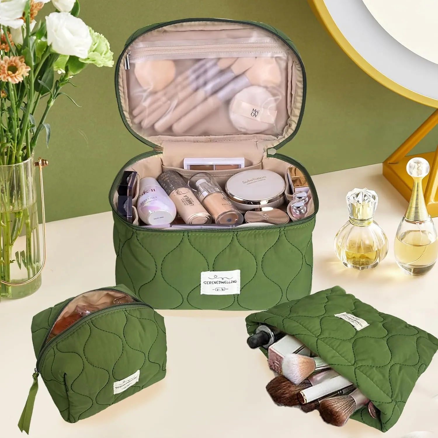 3 PCS Quilted Makeup Bag Set Coquette Cosmetic Bag Toiletry Travel Organizer, Small Medium Large, Cute Portable Puffy for Women Girls, Green