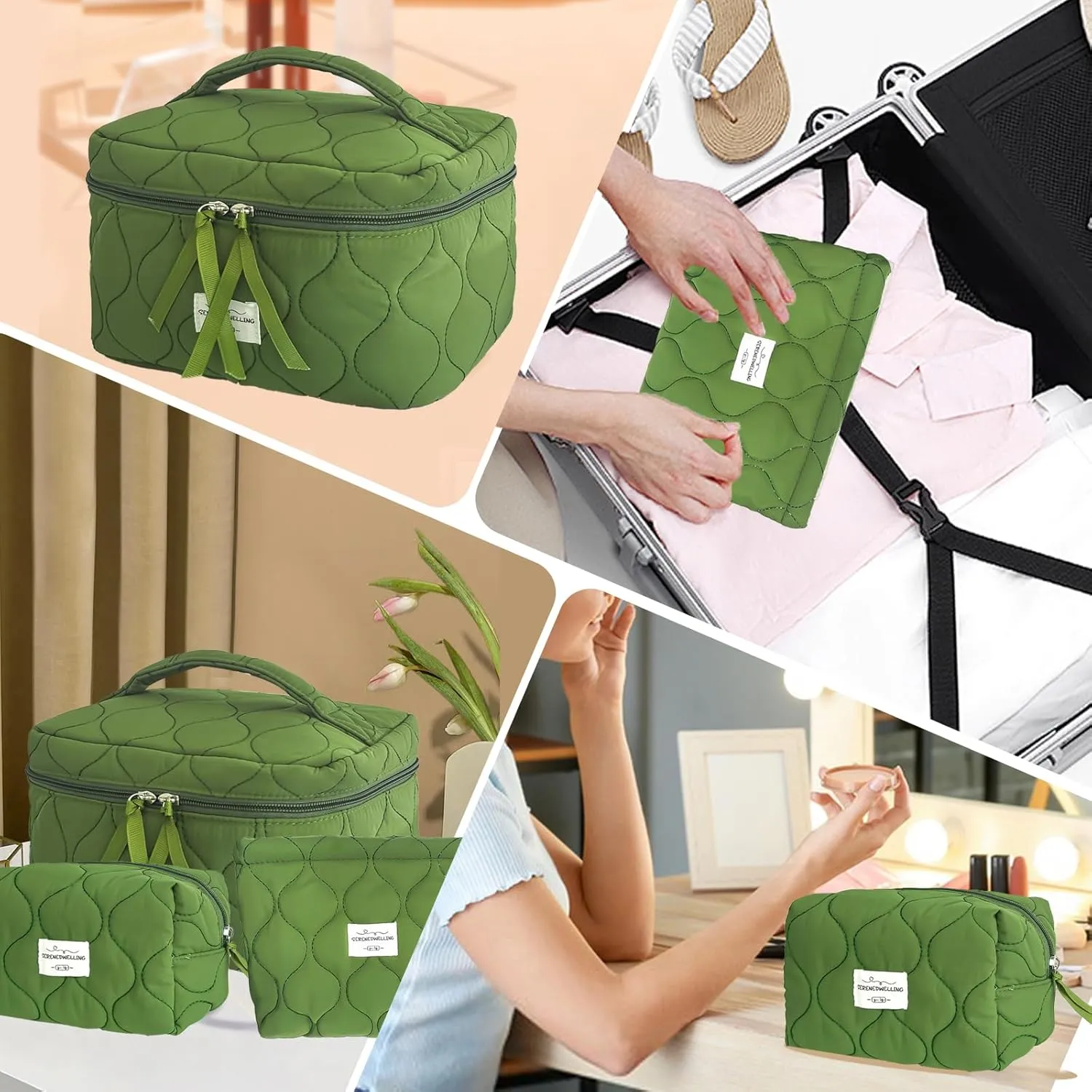 3 PCS Quilted Makeup Bag Set Coquette Cosmetic Bag Toiletry Travel Organizer, Small Medium Large, Cute Portable Puffy for Women Girls, Green
