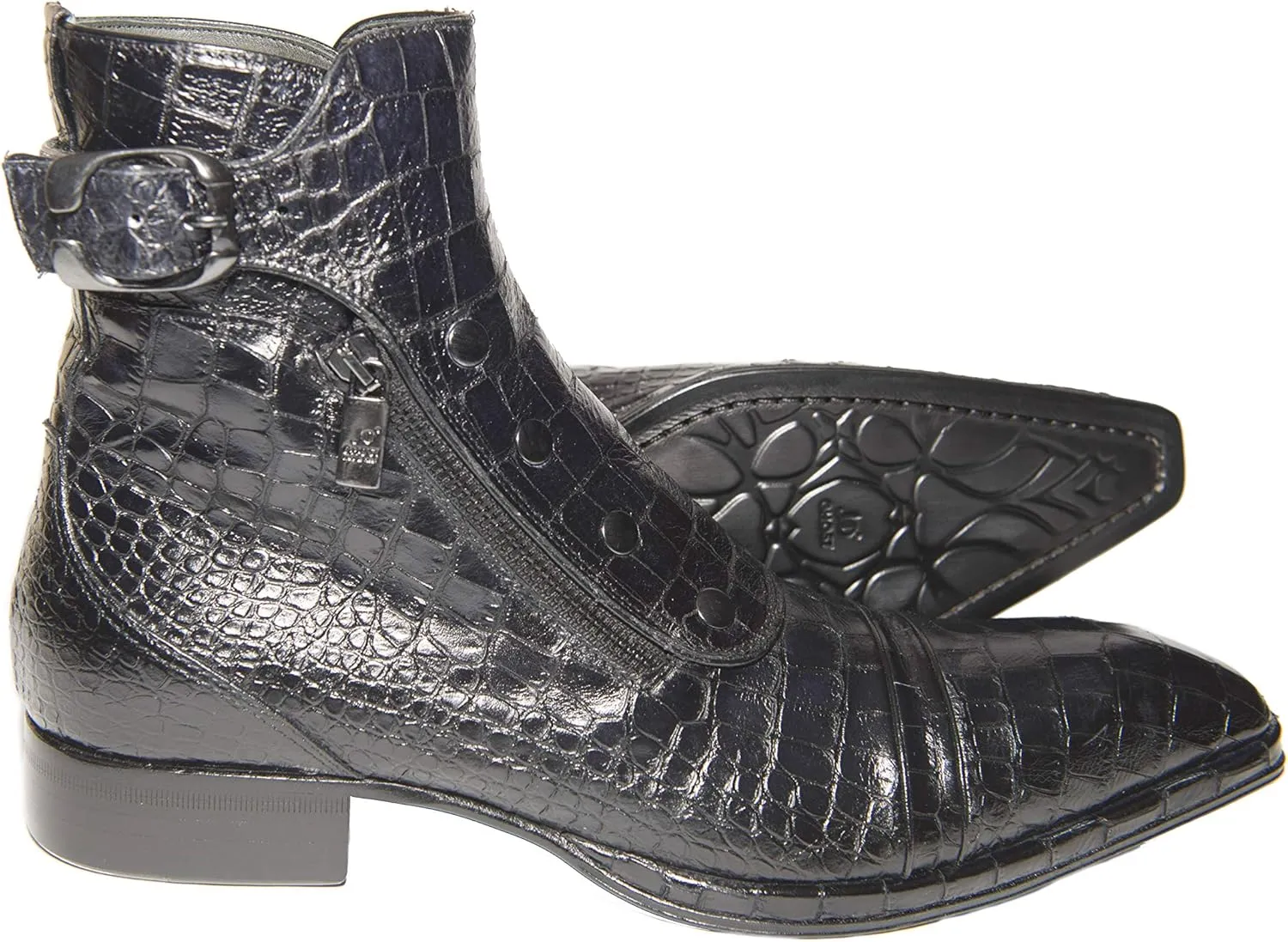 3206 Italian Black Crocodile Print Leather Ankle Boots with Zippers, Buttons & Buckle