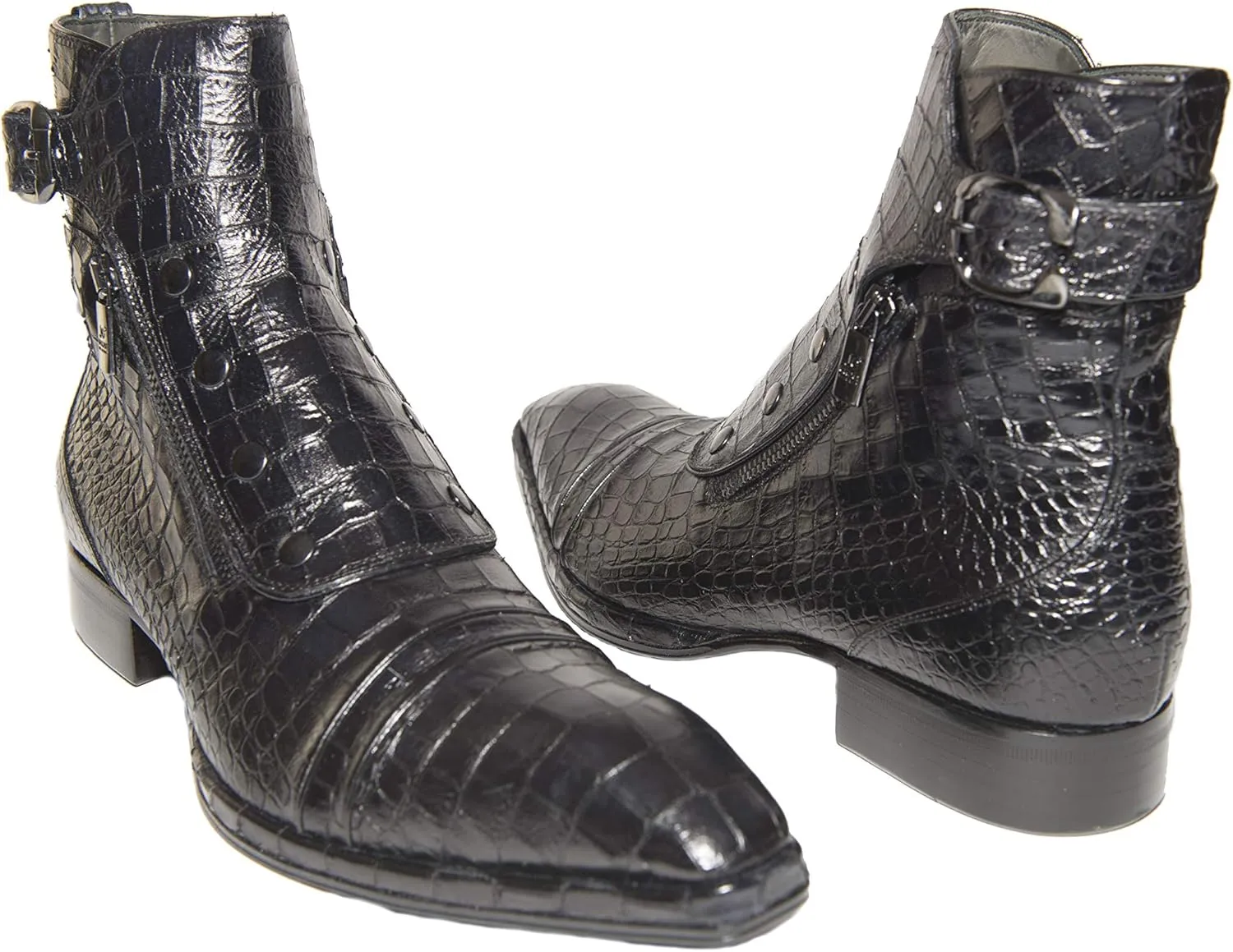 3206 Italian Black Crocodile Print Leather Ankle Boots with Zippers, Buttons & Buckle