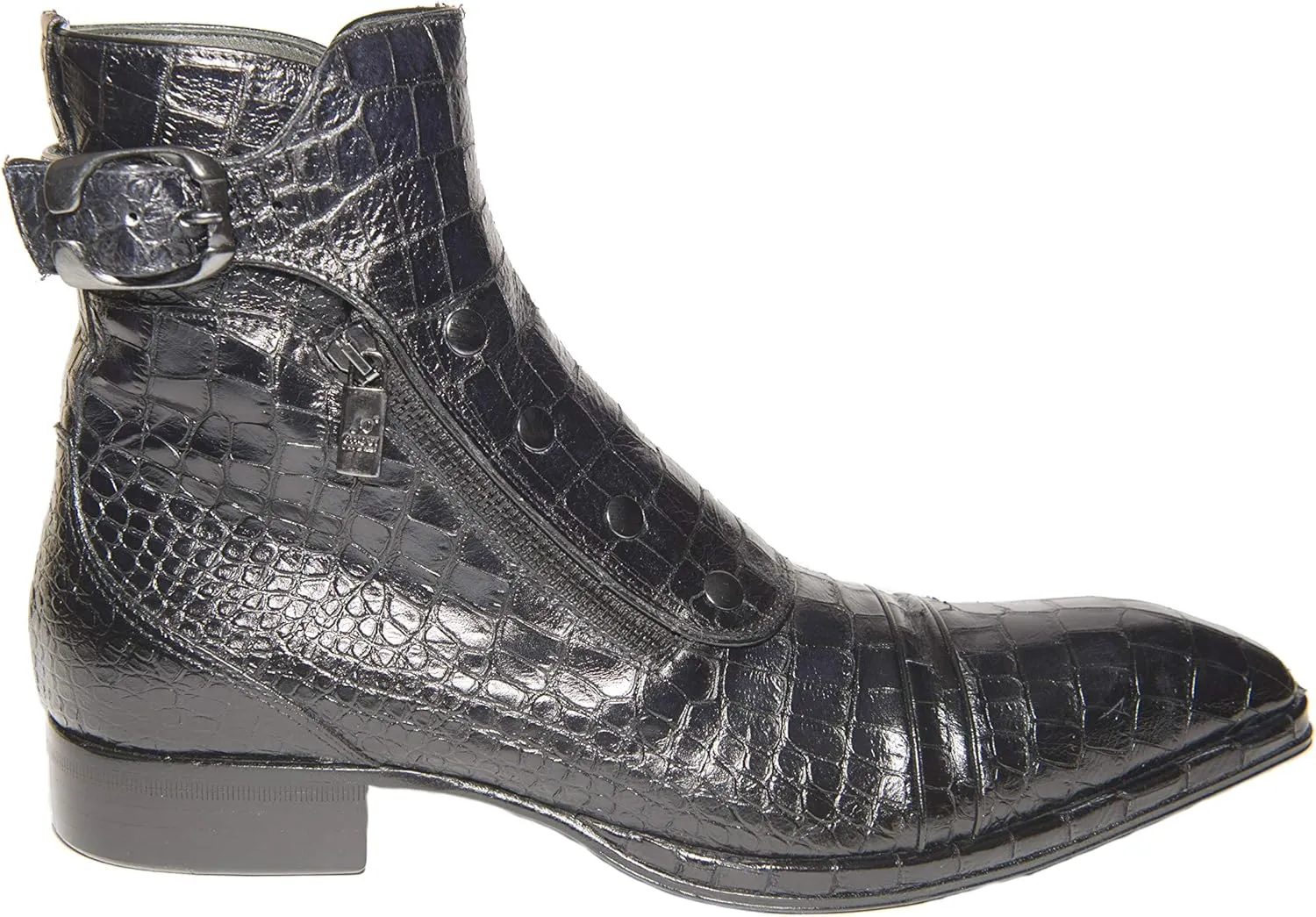 3206 Italian Black Crocodile Print Leather Ankle Boots with Zippers, Buttons & Buckle