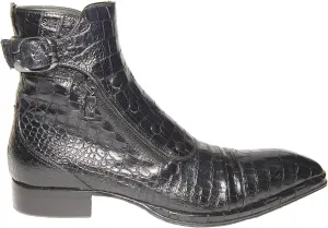 3206 Italian Black Crocodile Print Leather Ankle Boots with Zippers, Buttons & Buckle