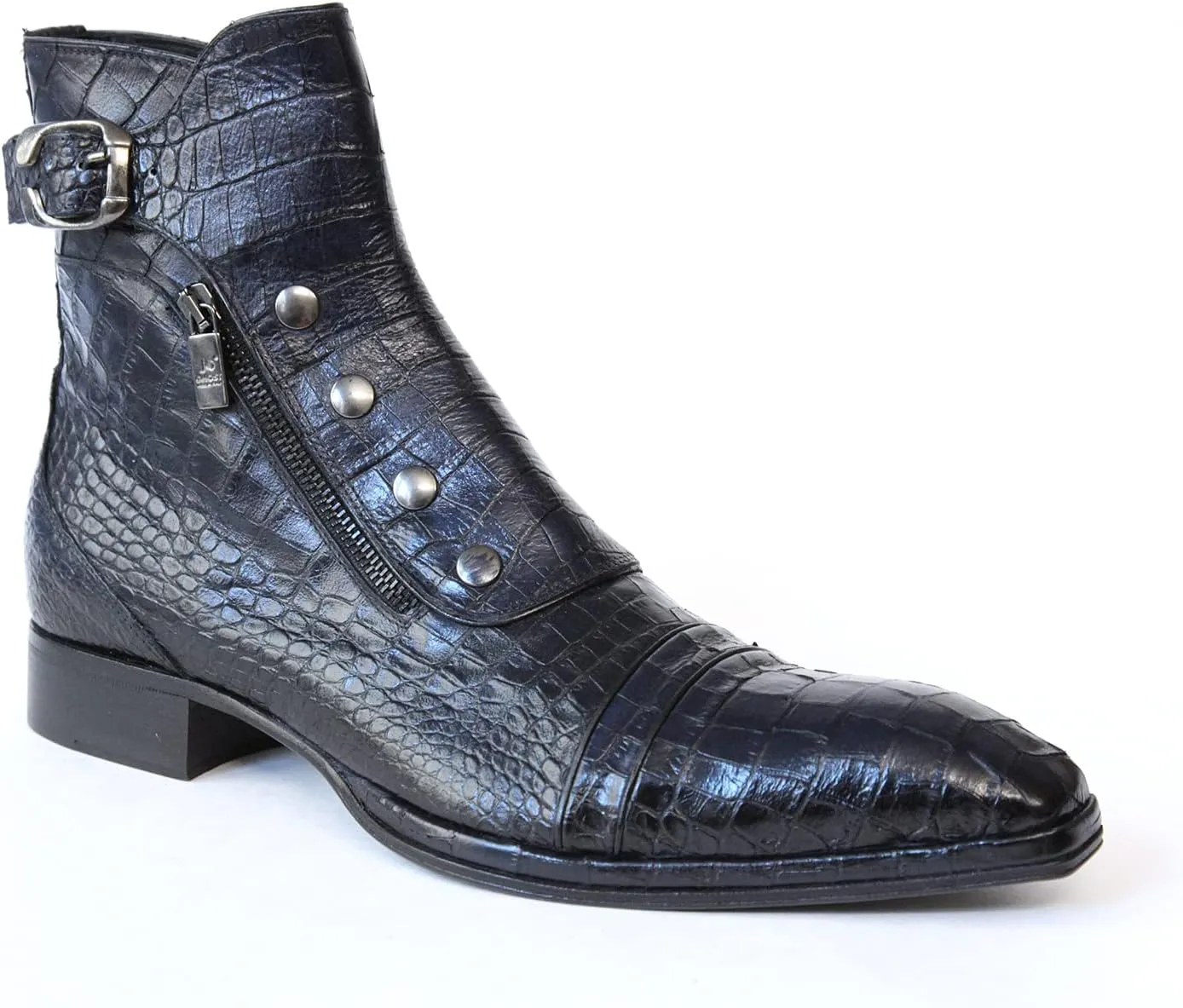 3206 Italian Navy Blue Crocodile Print Leather Ankle Boots with Zippers, Buttons & Buckle