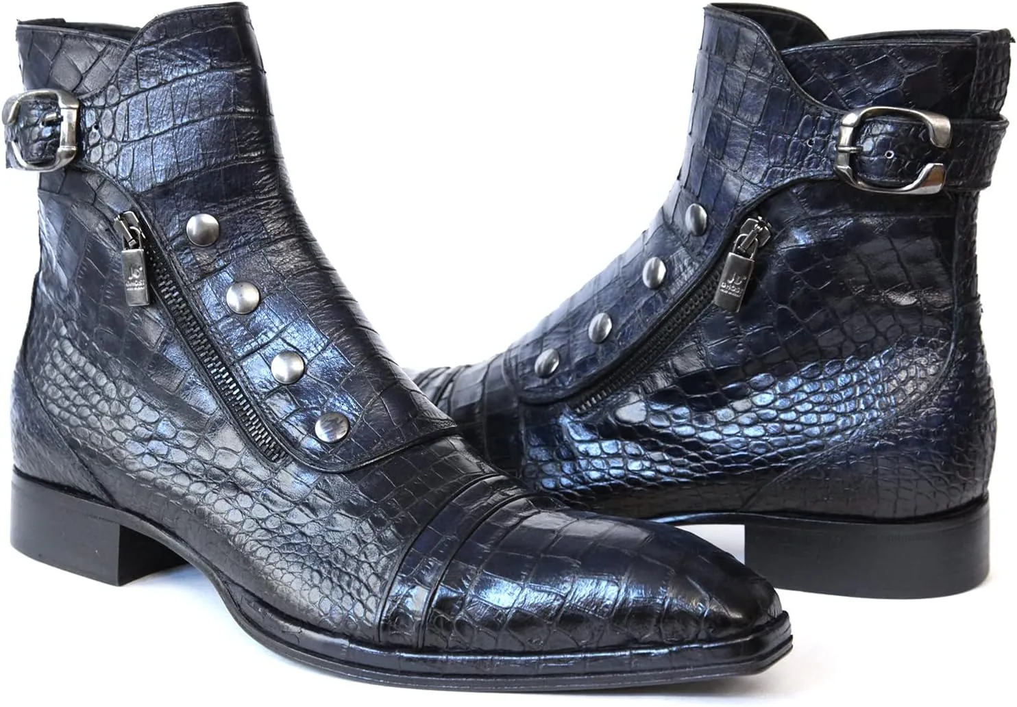3206 Italian Navy Blue Crocodile Print Leather Ankle Boots with Zippers, Buttons & Buckle