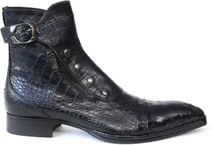 3206 Italian Navy Blue Crocodile Print Leather Ankle Boots with Zippers, Buttons & Buckle