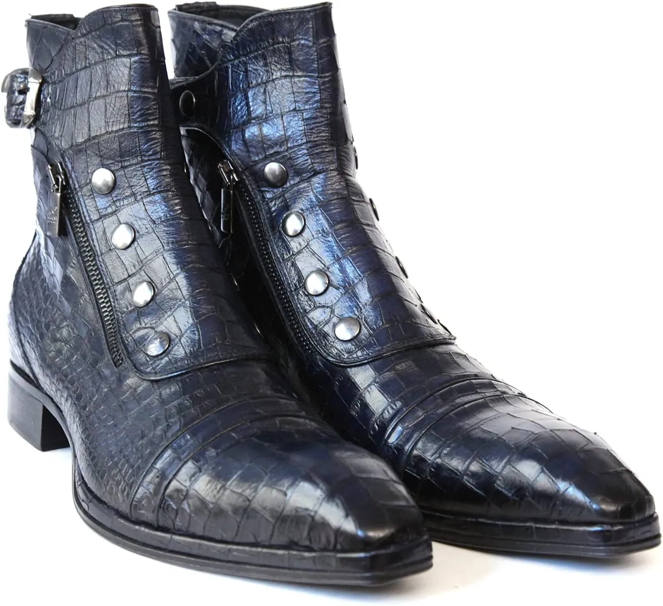 3206 Italian Navy Blue Crocodile Print Leather Ankle Boots with Zippers, Buttons & Buckle
