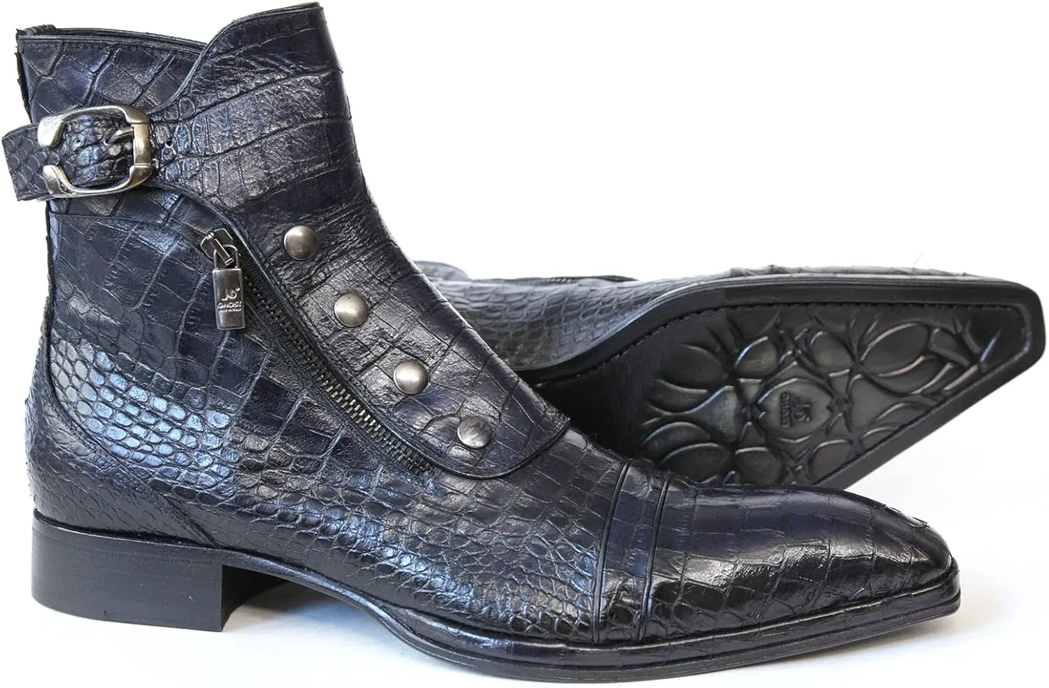 3206 Italian Navy Blue Crocodile Print Leather Ankle Boots with Zippers, Buttons & Buckle