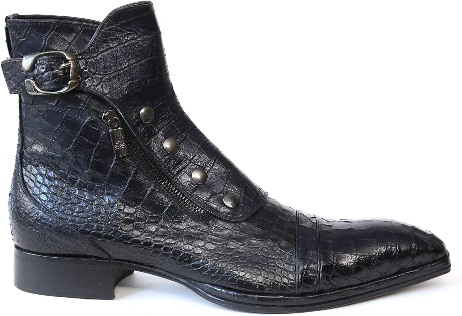 3206 Italian Navy Blue Crocodile Print Leather Ankle Boots with Zippers, Buttons & Buckle