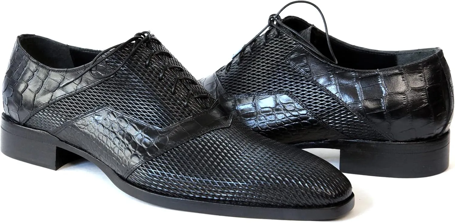 3519 Italian Black Laser Cut with Crocodile Print Leather Shoes