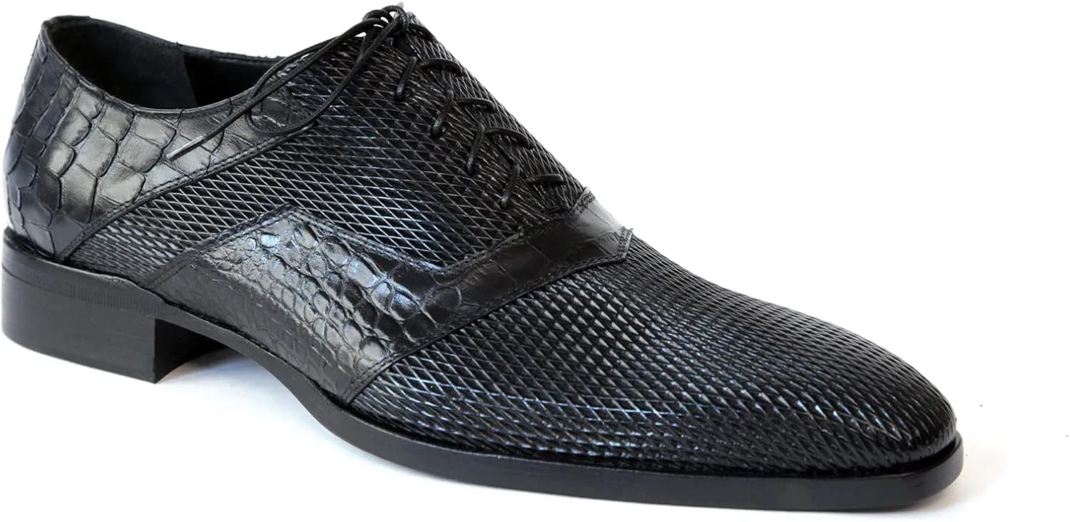 3519 Italian Black Laser Cut with Crocodile Print Leather Shoes