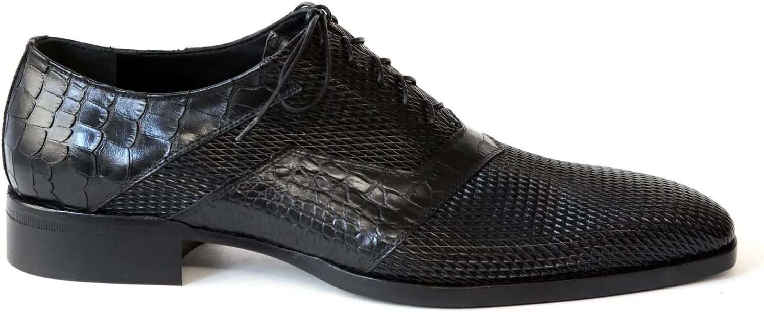 3519 Italian Black Laser Cut with Crocodile Print Leather Shoes