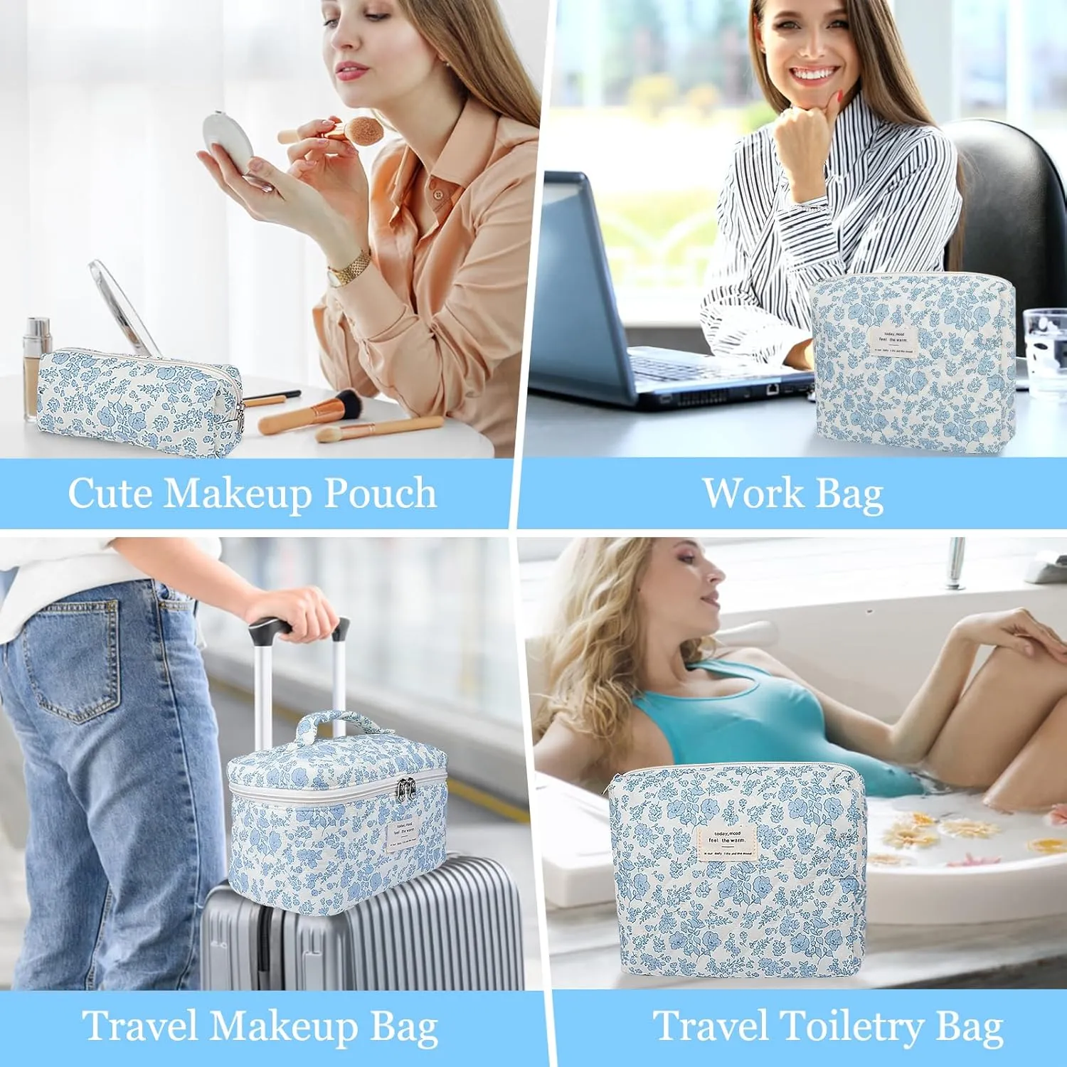3pc Makeup Bag Set, Quilted Makeup Bag Set, Large Floral Cosmetic Bag for Women, Cute Cotton Makeup Bags, Flower Travel Toiletry Organizer Bag (Large Flower)