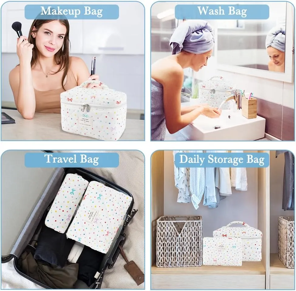 3Pcs Cotton Quilted Makeup Bag Set,Large Floral Cosmetic Bag，Aesthetic Toiletry Travel Makeup Bag Set and Cute Flower Bag for Women Girls (Apricot Colored Dot)