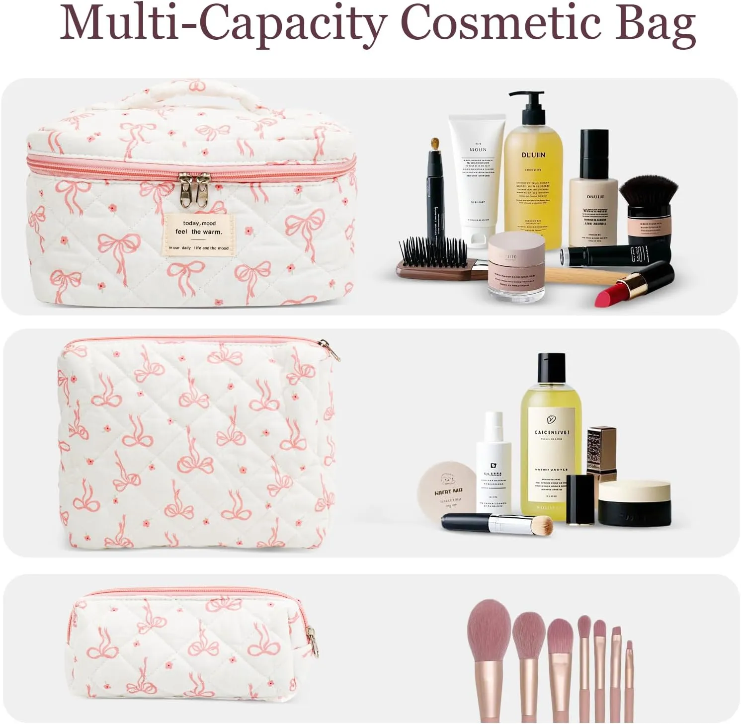 3Pcs Cotton Quilted Makeup Bag Set,Large Floral Cosmetic Bag,Aesthetic Toiletry Travel Makeup Bag Set and Cute Flower Bag for Women Girls (Flower Bow)