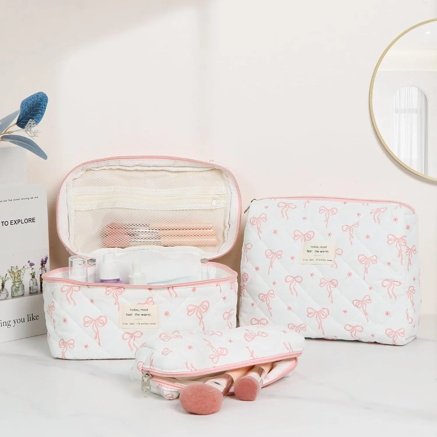 3Pcs Cotton Quilted Makeup Bag Set,Large Floral Cosmetic Bag,Aesthetic Toiletry Travel Makeup Bag Set and Cute Flower Bag for Women Girls (Flower Bow)