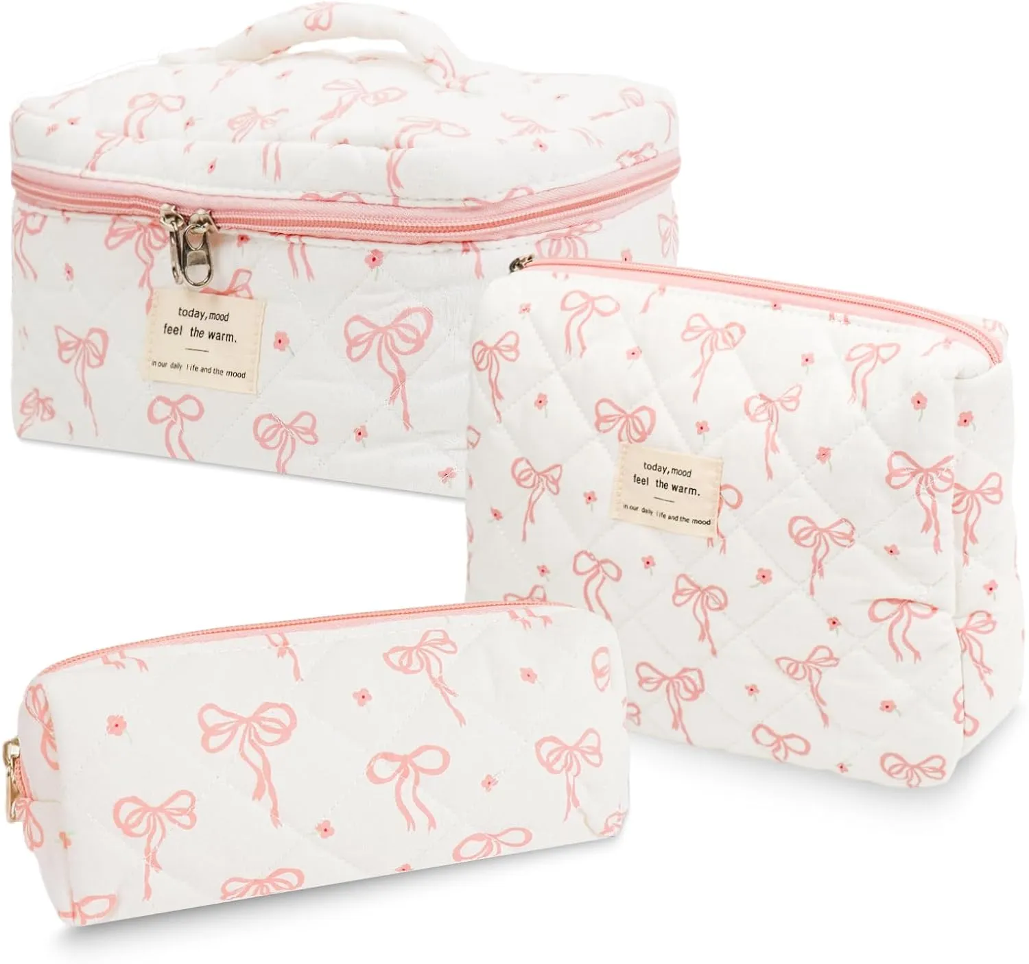 3Pcs Cotton Quilted Makeup Bag Set,Large Floral Cosmetic Bag,Aesthetic Toiletry Travel Makeup Bag Set and Cute Flower Bag for Women Girls (Flower Bow)