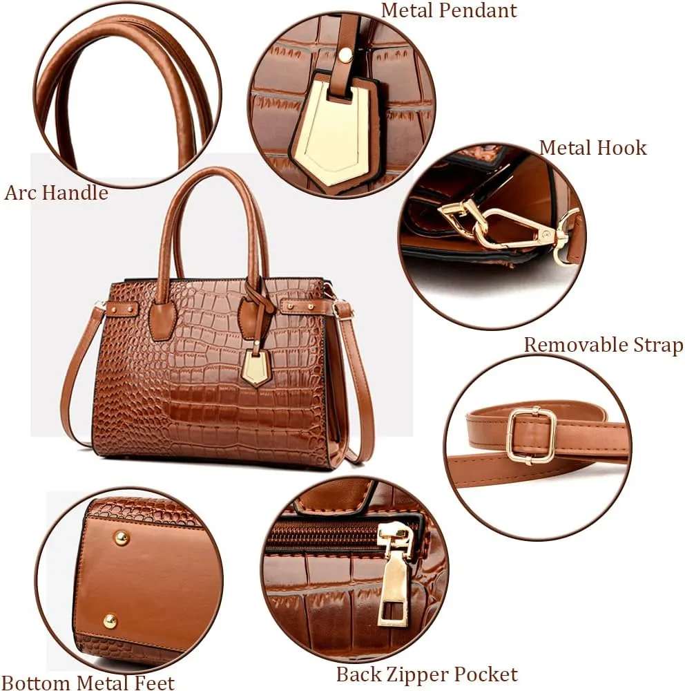 3Pcs Handbags Set for Women Classic Crocodile Pattern Faux Leather Purses Tote Bags Top Handle Handbag Wallet Clutch