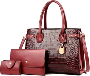 3Pcs Handbags Set for Women Classic Crocodile Pattern Faux Leather Purses Tote Bags Top Handle Handbag Wallet Clutch