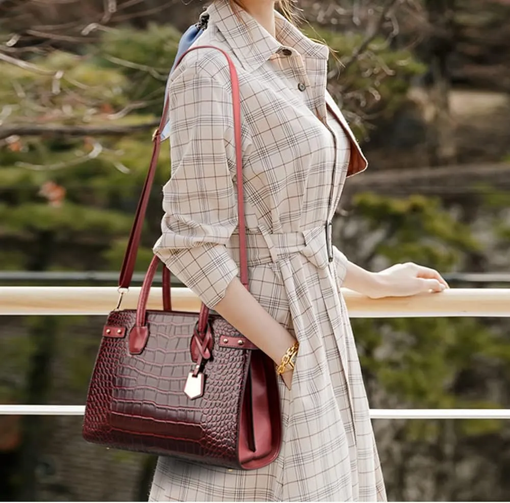 3Pcs Handbags Set for Women Classic Crocodile Pattern Faux Leather Purses Tote Bags Top Handle Handbag Wallet Clutch