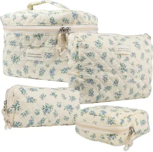 4PCS Makeup Cosmetic Bag Large Capacity Quilted Makeup Bag Set with Handle & Zipper Terylene Flower for Women Toiletry Organizer Supplies