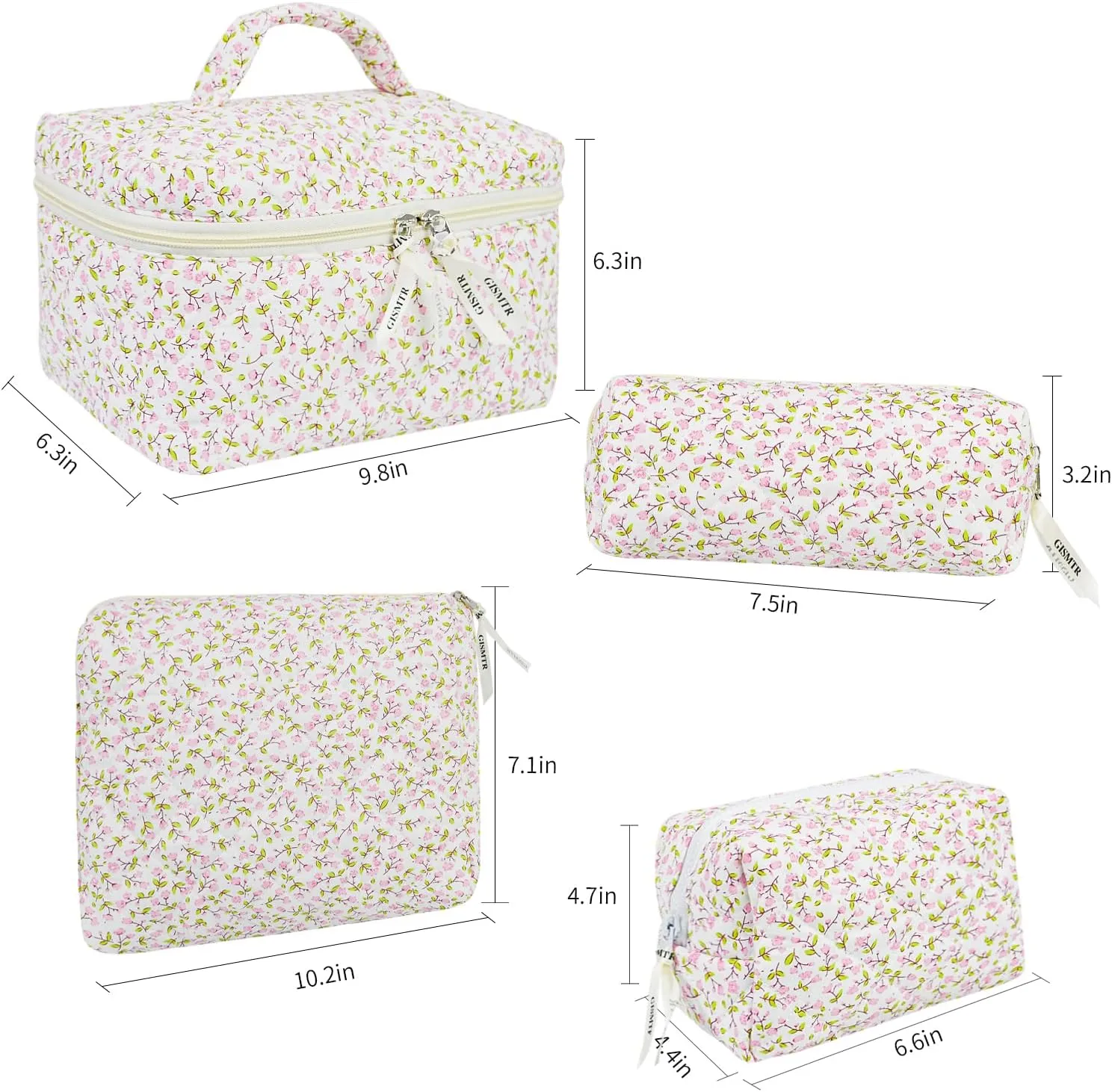 4Pcs Quilted Makeup Bag Set Cute Floral Cosmetic Bag Cotton Coquette Make up Bag Aesthetic Travel Toiletry Bag for Women Girls