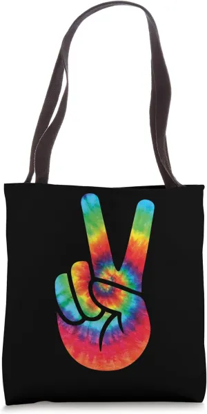 60s 70s Tie Dye Victory Sign Hand Peace Symbol Tote Bag