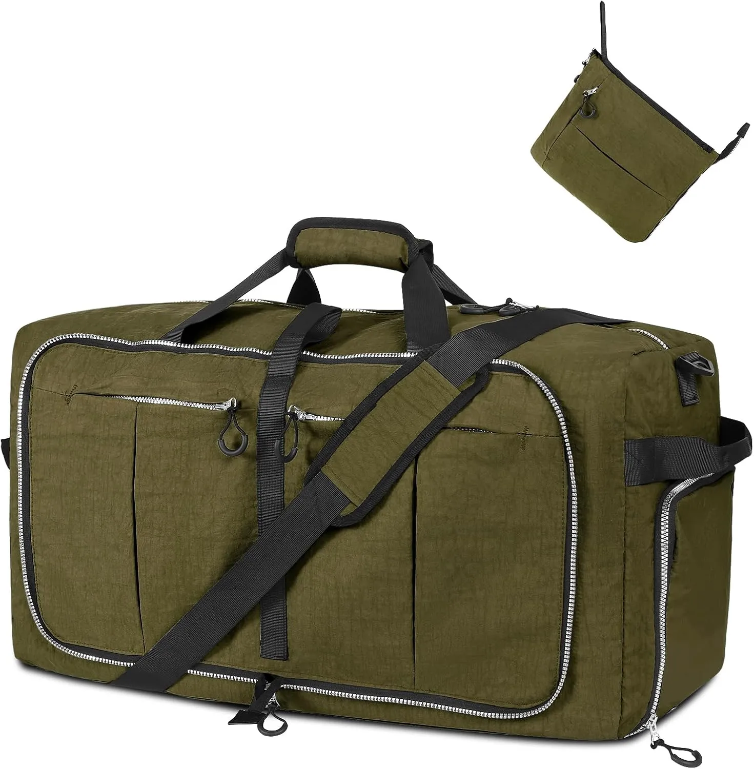 65L Foldable Nylon Duffle Bag, Waterproof Large Travel Bag with Thicken Bottom, Army Green