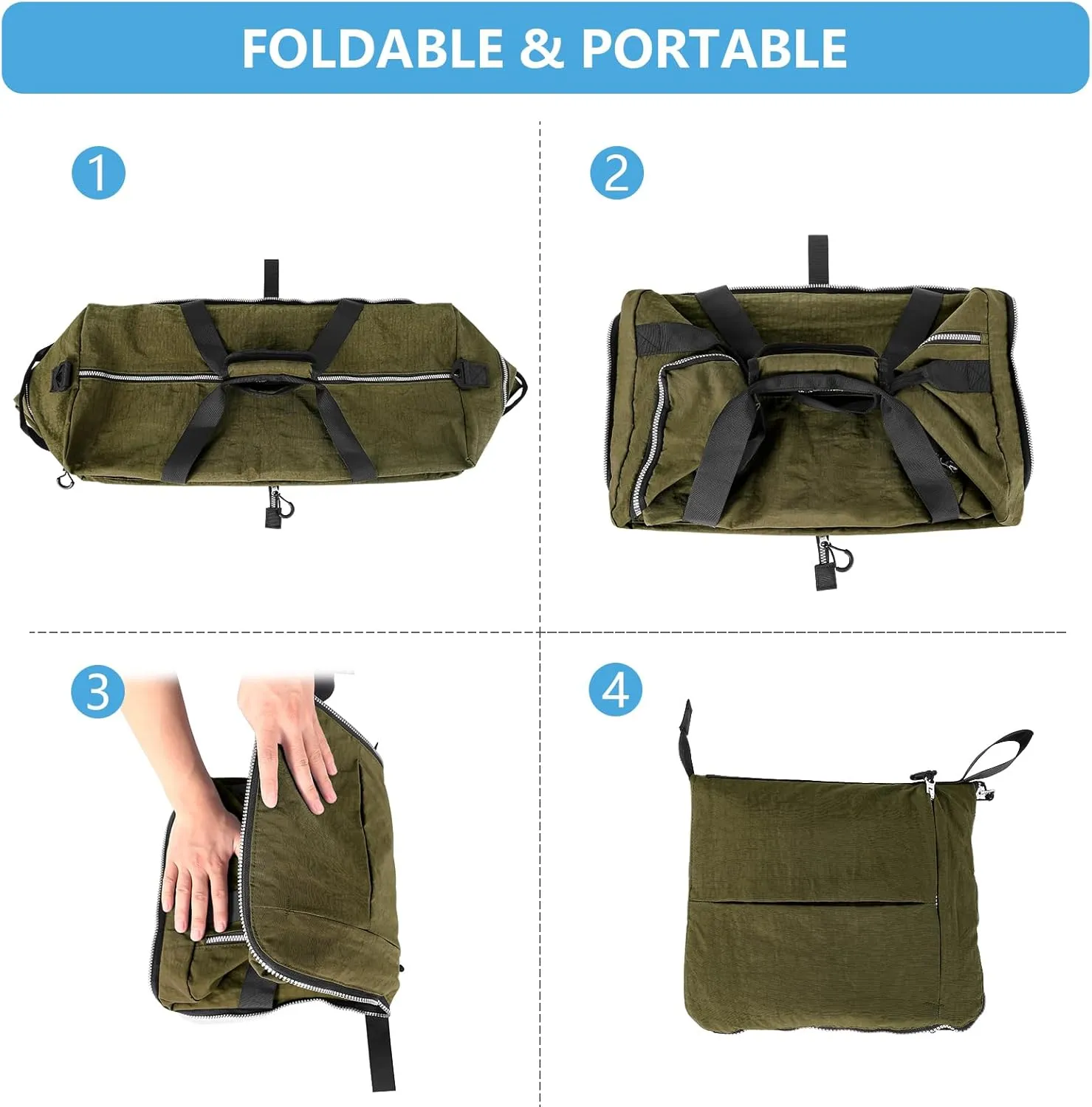 65L Foldable Nylon Duffle Bag, Waterproof Large Travel Bag with Thicken Bottom, Army Green