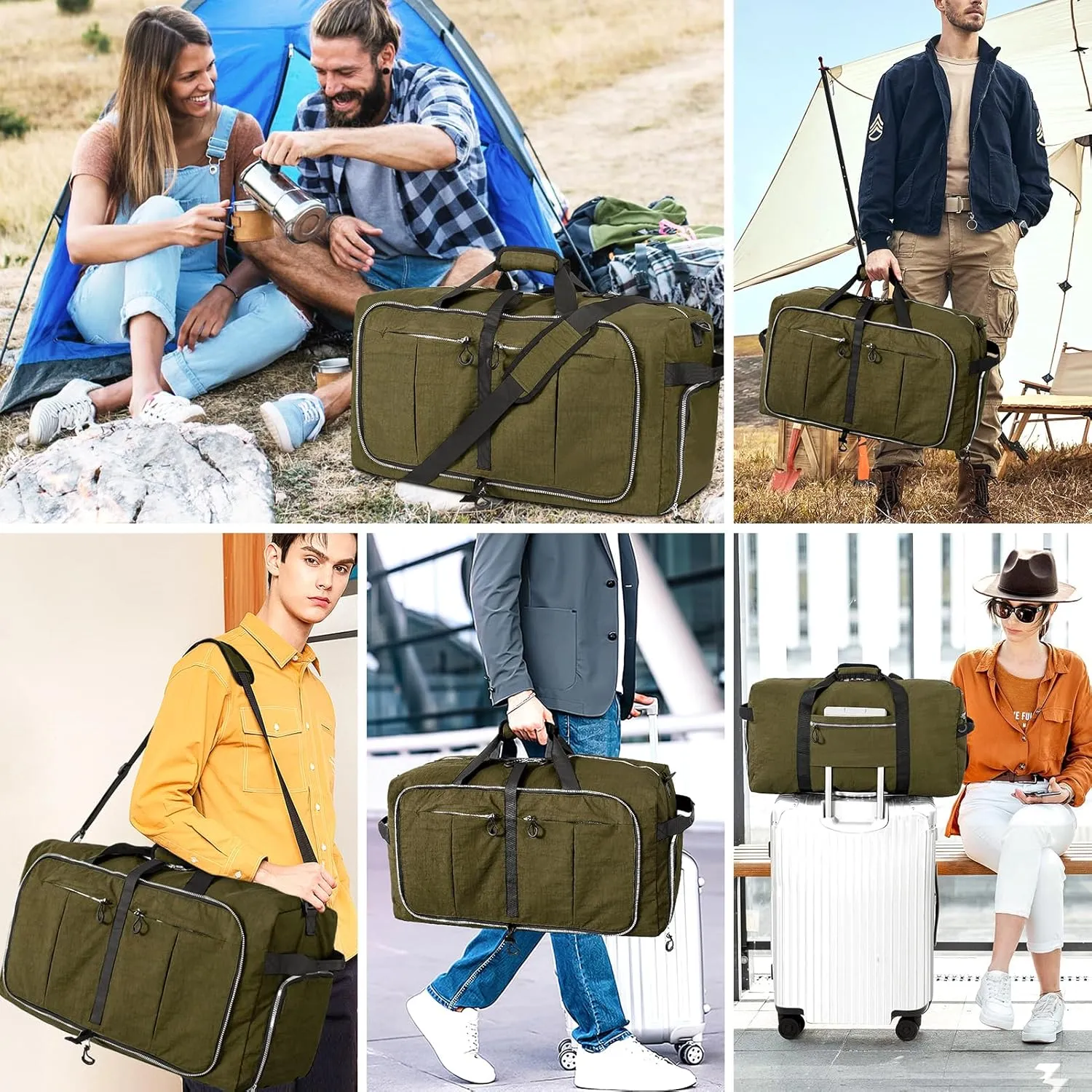 65L Foldable Nylon Duffle Bag, Waterproof Large Travel Bag with Thicken Bottom, Army Green
